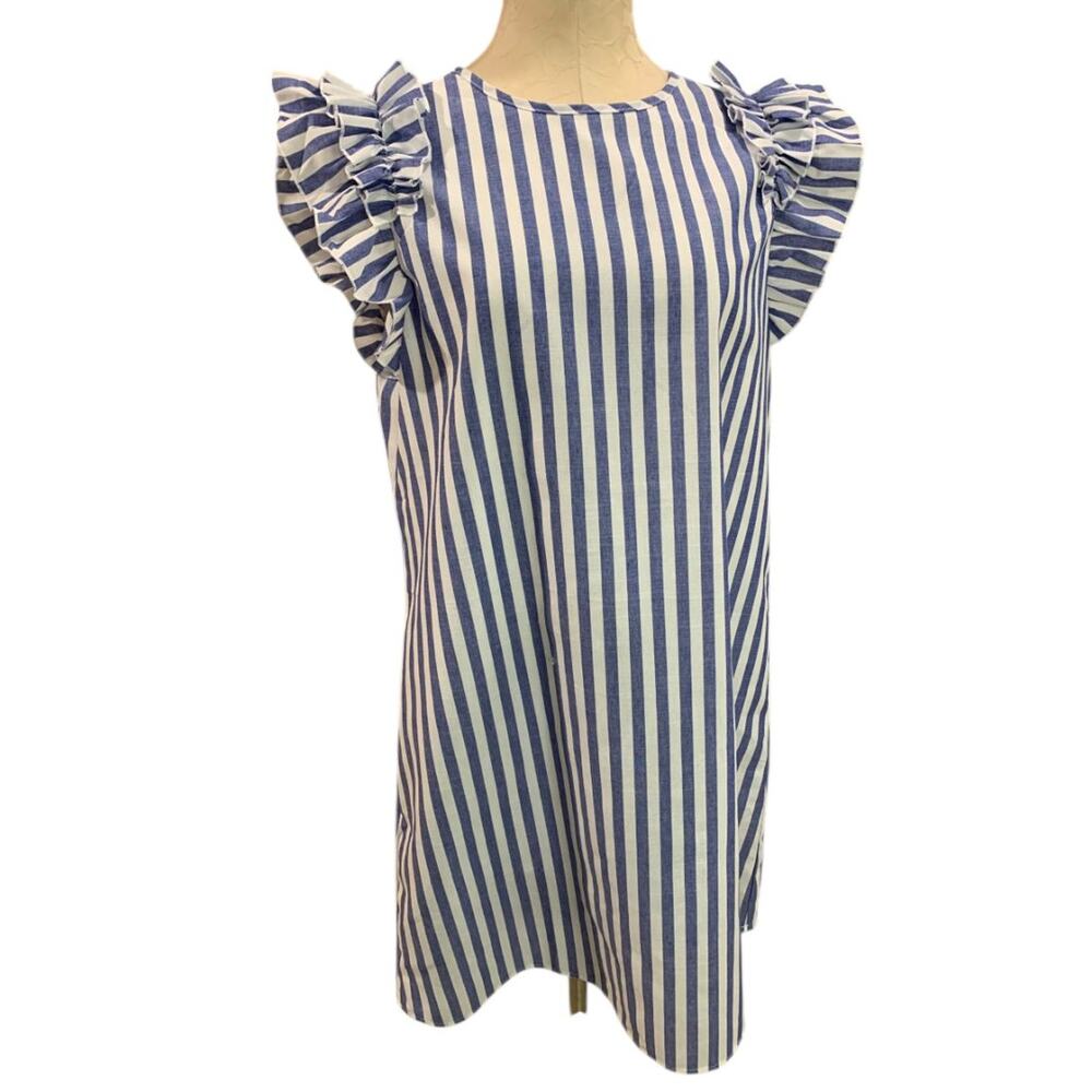 Size XL Shein Blue White Ruffle Sleeve Sheath Dress Lined Vertical‎ Stripe